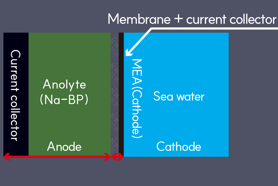2세대 해수전지 구조 - Current collector, Anolyte(Na-BP), MEA(Cathode) 분리막 겸 집전체, Sea water