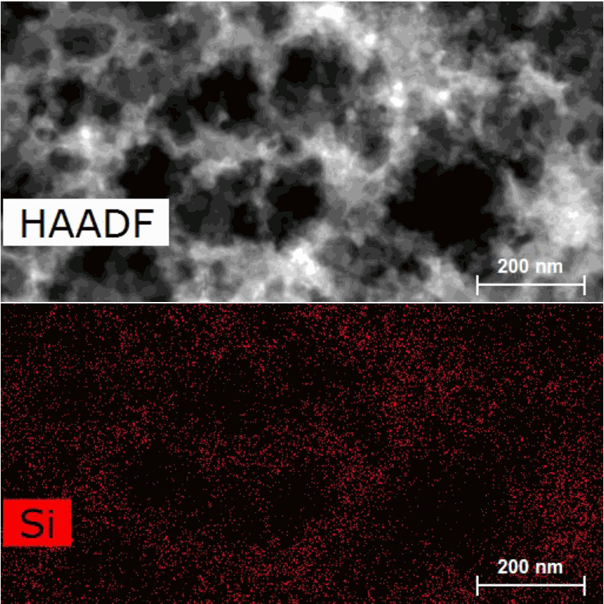 합성된 나노 실리콘의 HAADF 이미지와 실리콘 원소 매핑, 스케일 바 200 nm